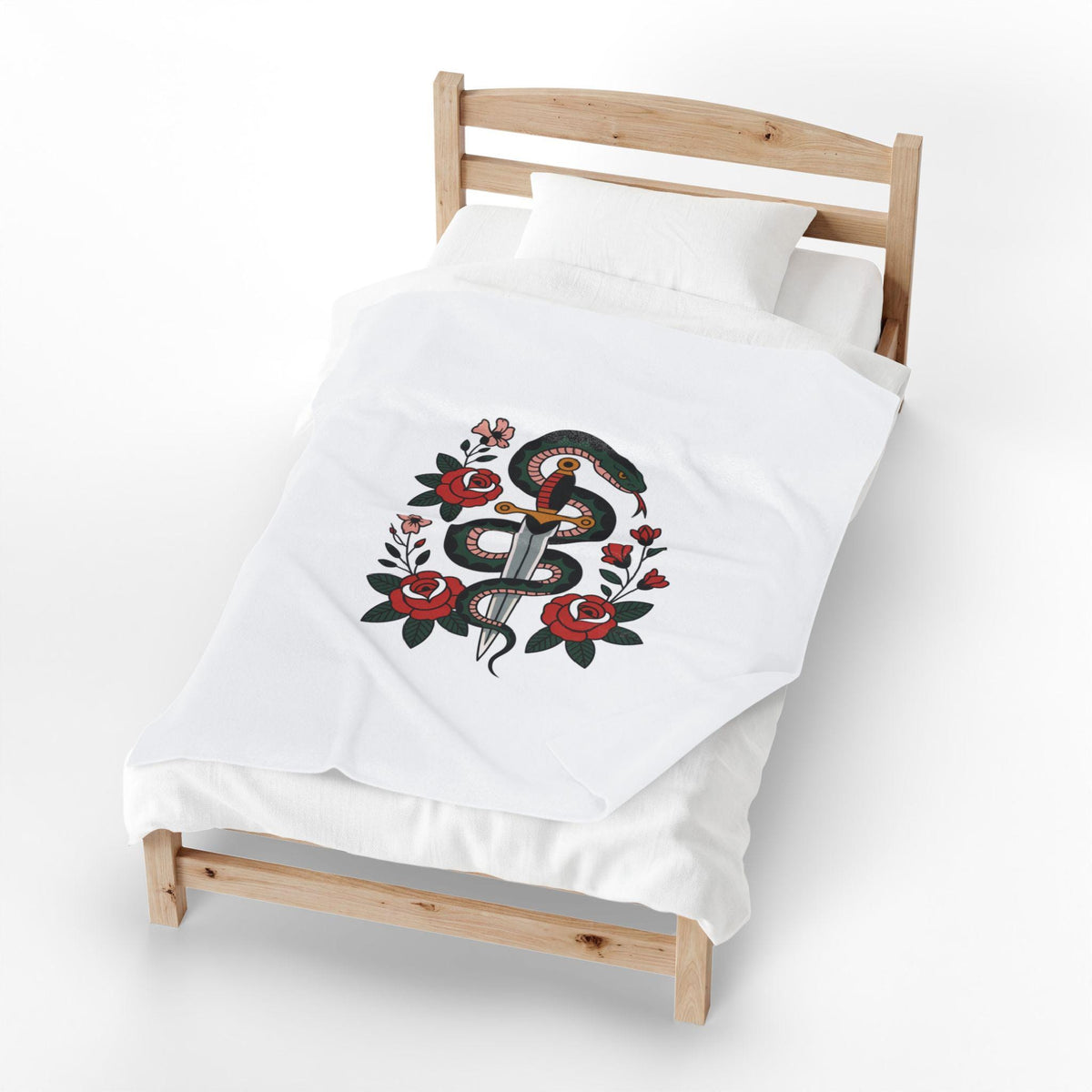 Snake and Dagger with Roses Velveteen Plush Blanket | Tattoo Style Floral Throw