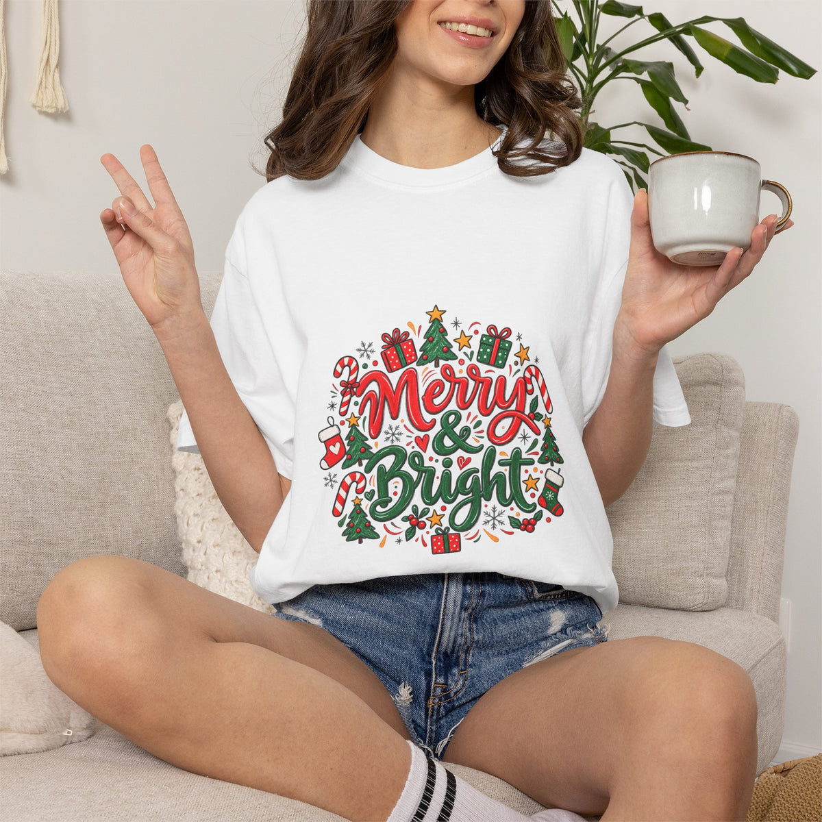 Merry & Bright Christmas T-Shirt | Festive Holiday Graphic Tee