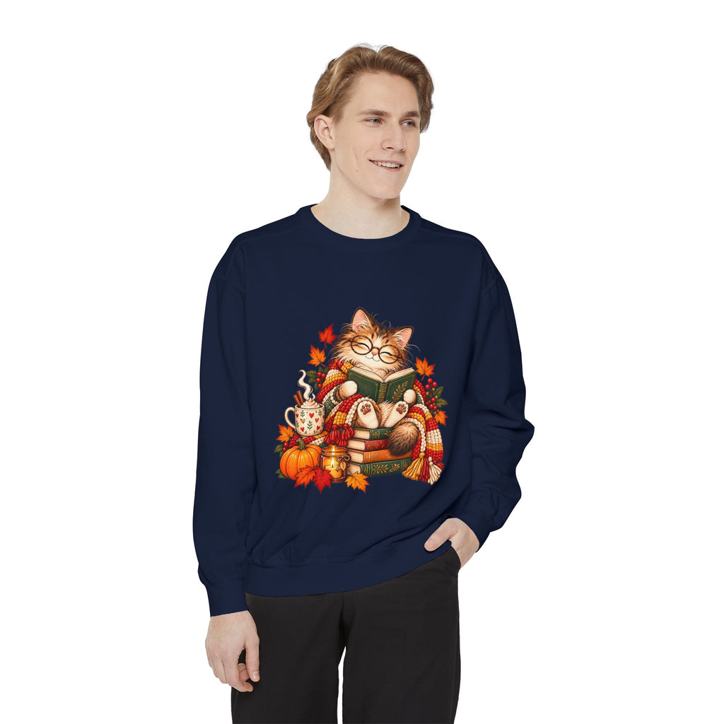 Cozy Reading Cat Sweatshirt | Autumn Leaves Pumpkin Fall Cozy
