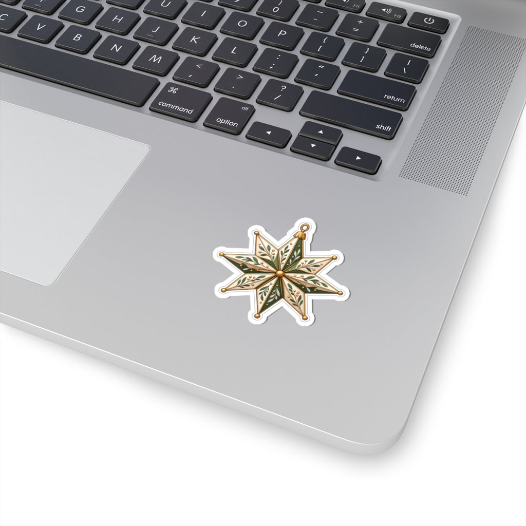 Vintage Star Ornament Sticker — Green & Gold Holiday Kiss-Cut Sticker