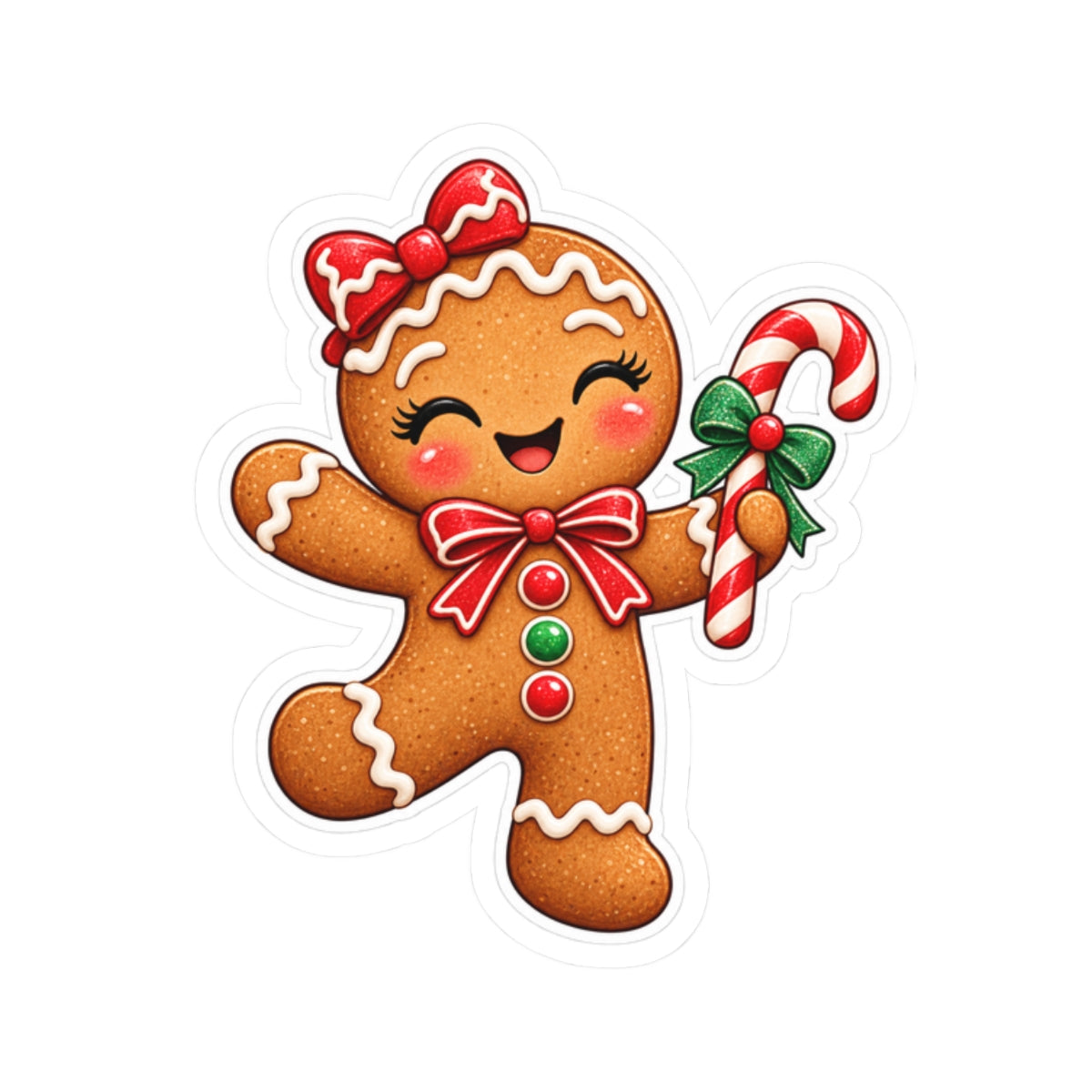 Gingerbread Cookie Kiss-Cut Sticker — Cute Holiday Candy Cane Design