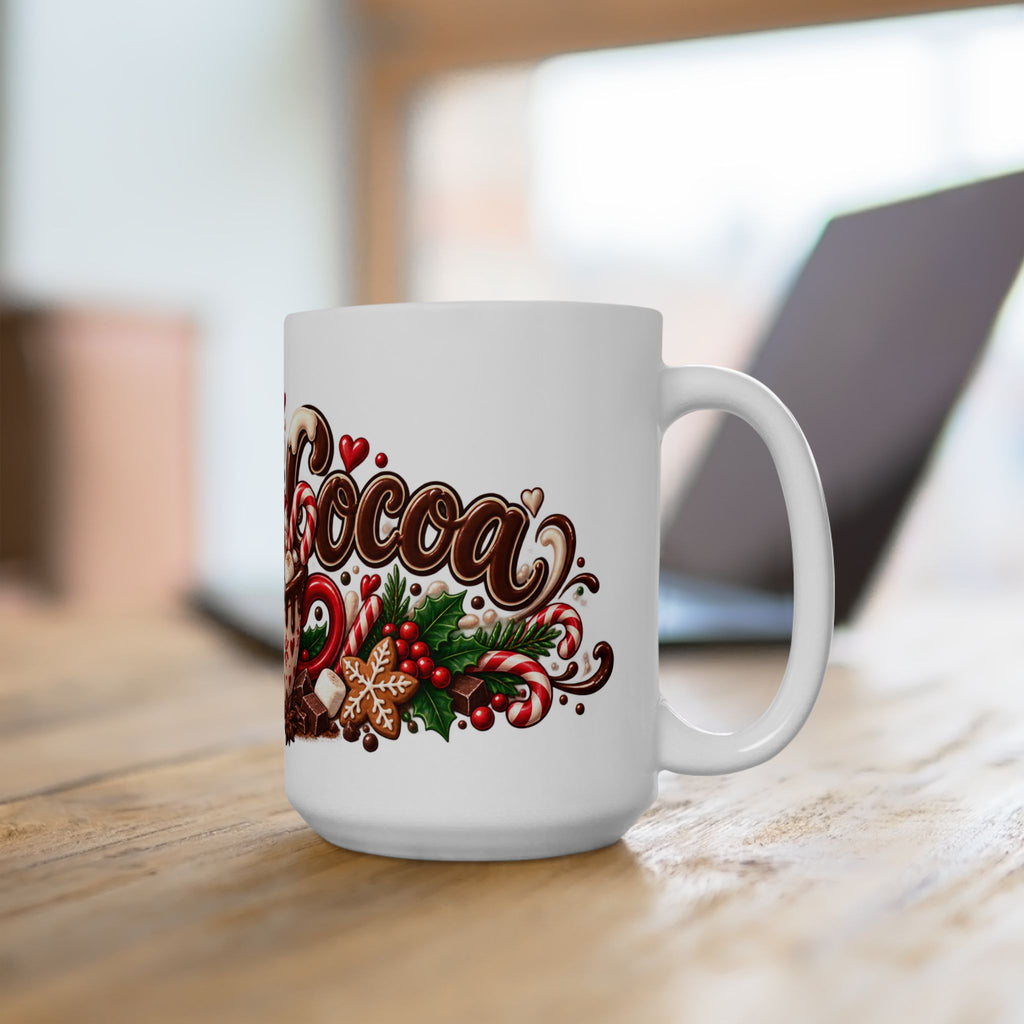 Hot Cocoa Ceramic Mug – Festive Holiday Hot Chocolate Cup with Candy Cane & Marshmallow Design (11oz, 15oz)