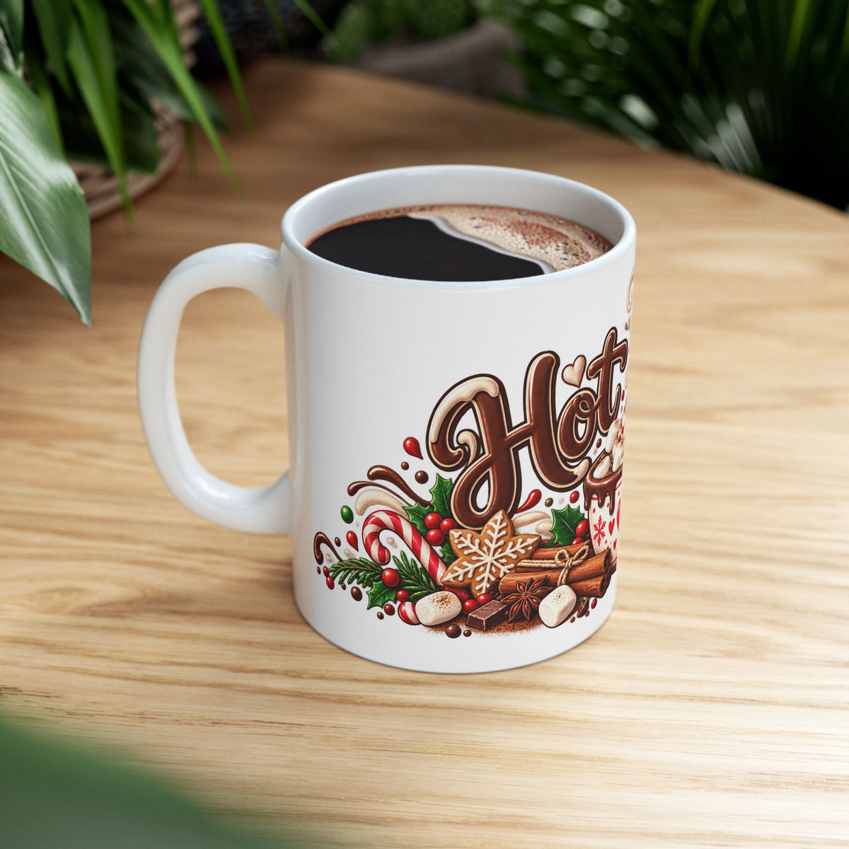 Hot Cocoa Ceramic Mug – Festive Holiday Hot Chocolate Cup with Candy Cane & Marshmallow Design (11oz, 15oz)