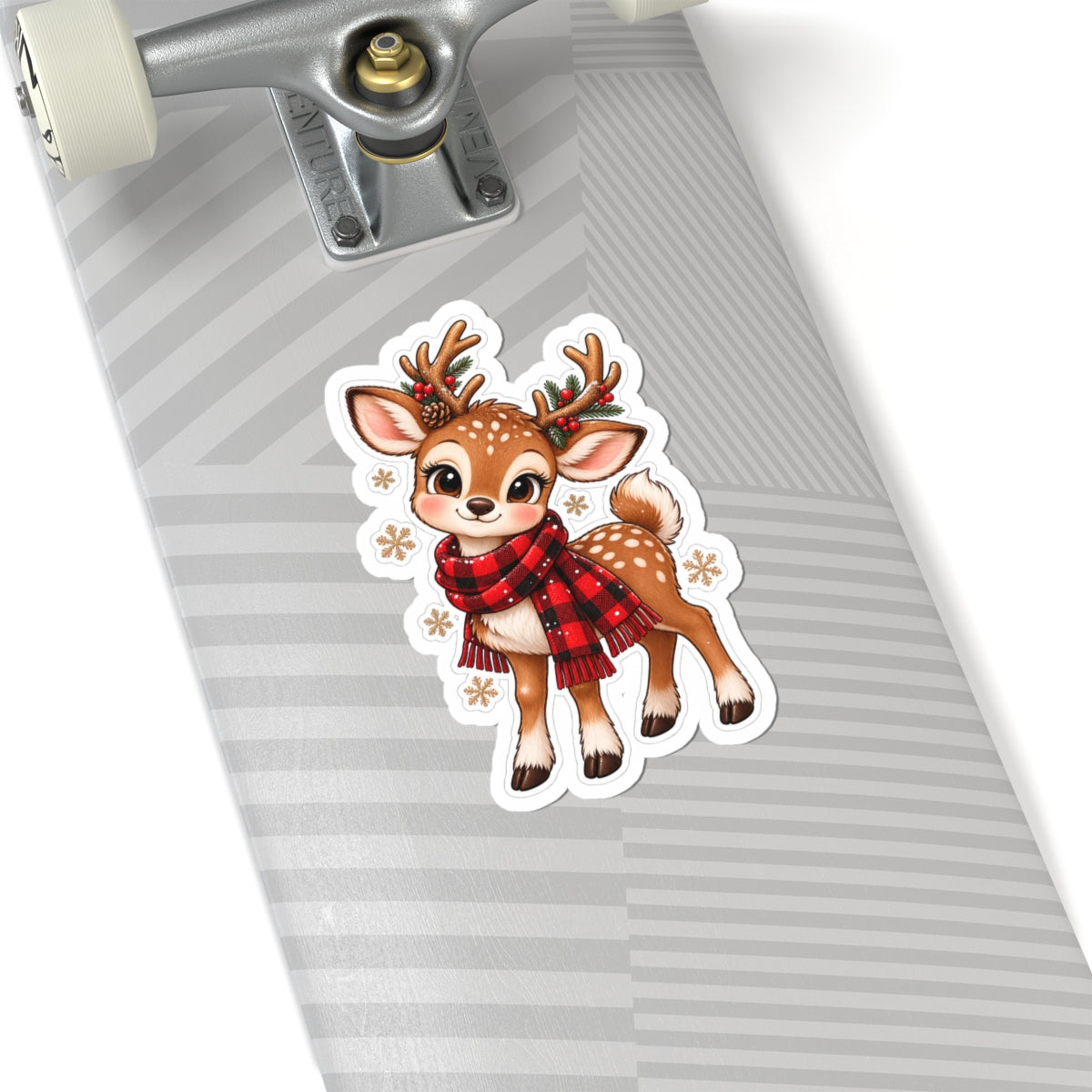 Cute Christmas Reindeer Sticker — Festive Deer with Plaid Scarf (Kiss-Cut)