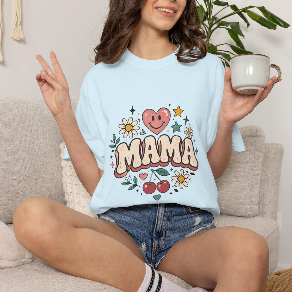 Mama Retro Floral Heart Cherry T-Shirt | Mom Typography Tee
