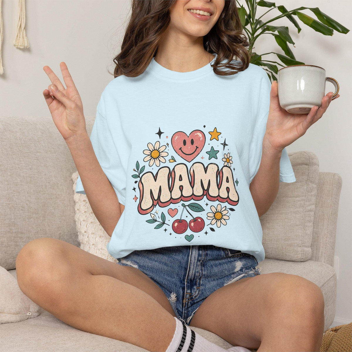 Mama Retro Floral Heart Cherry T-Shirt | Mom Typography Tee