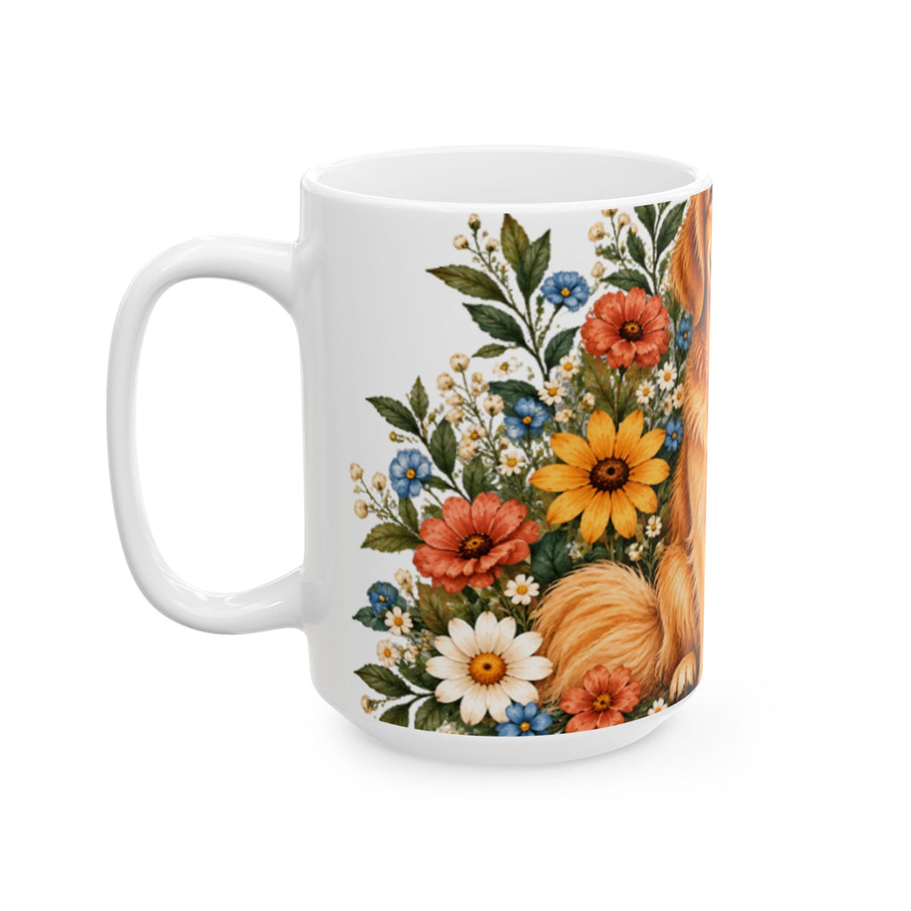 Smiling Golden Retriever Mug | Ceramic Coffee Cup with Floral Wreath