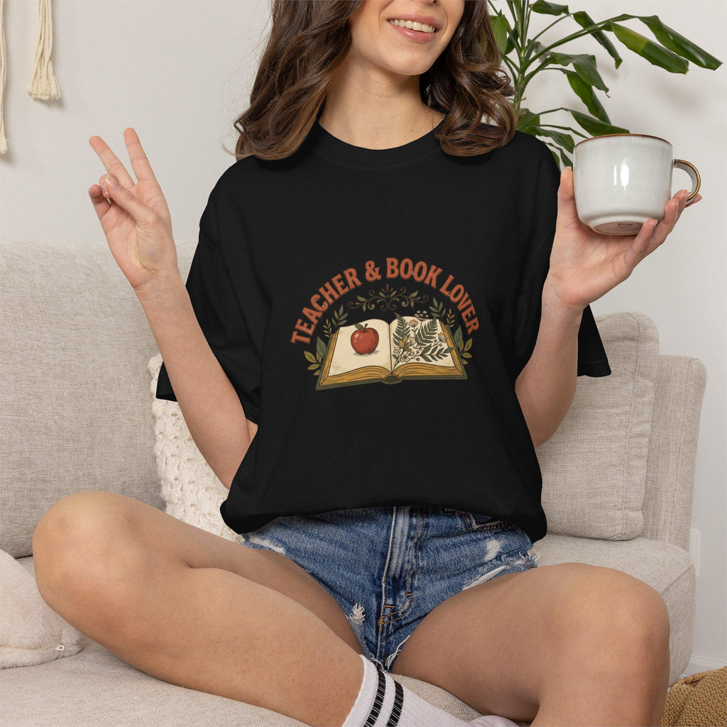 Teacher & Book Lover T-Shirt | Open Book Illustration, Apple and Plants