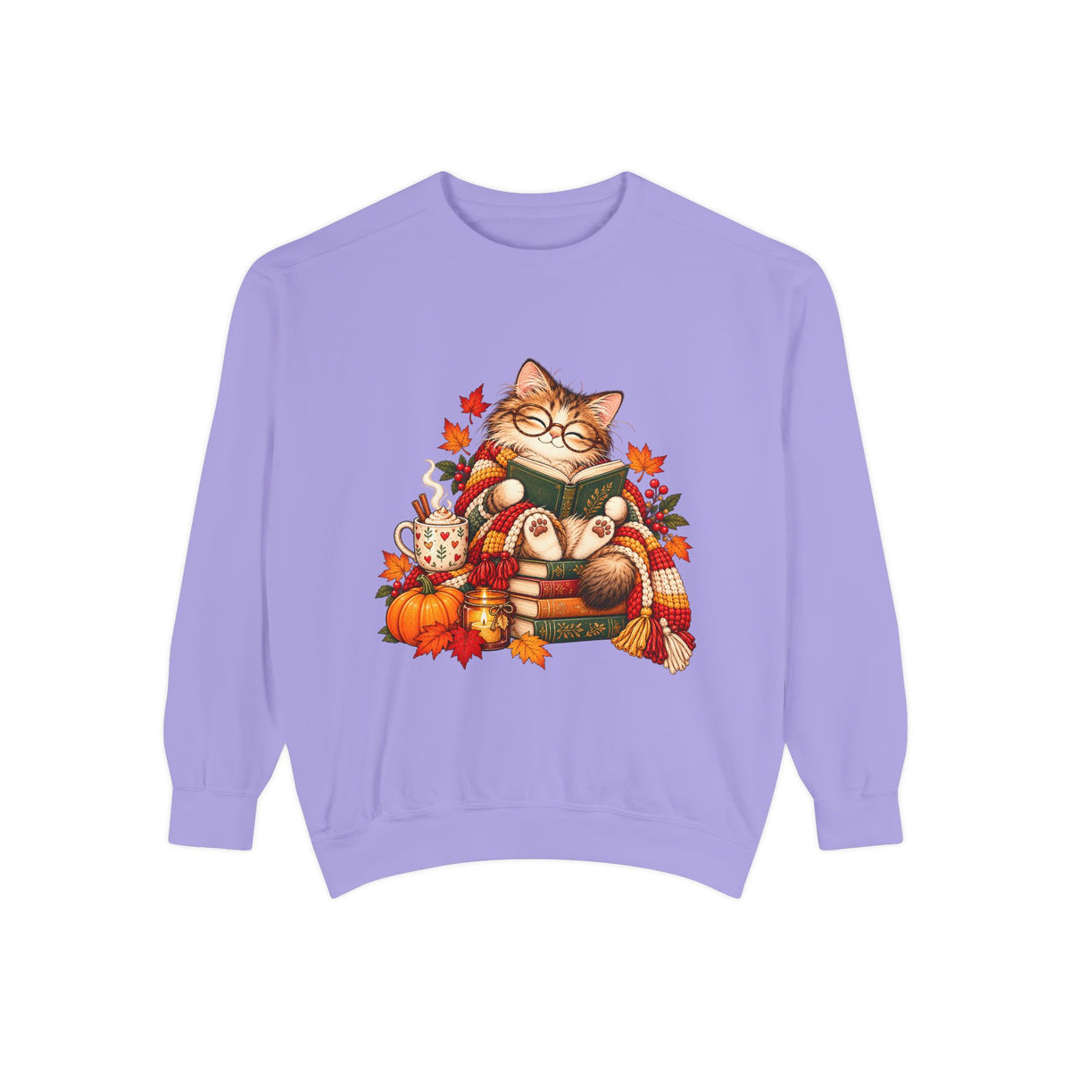 Cozy Reading Cat Sweatshirt | Autumn Leaves Pumpkin Fall Cozy