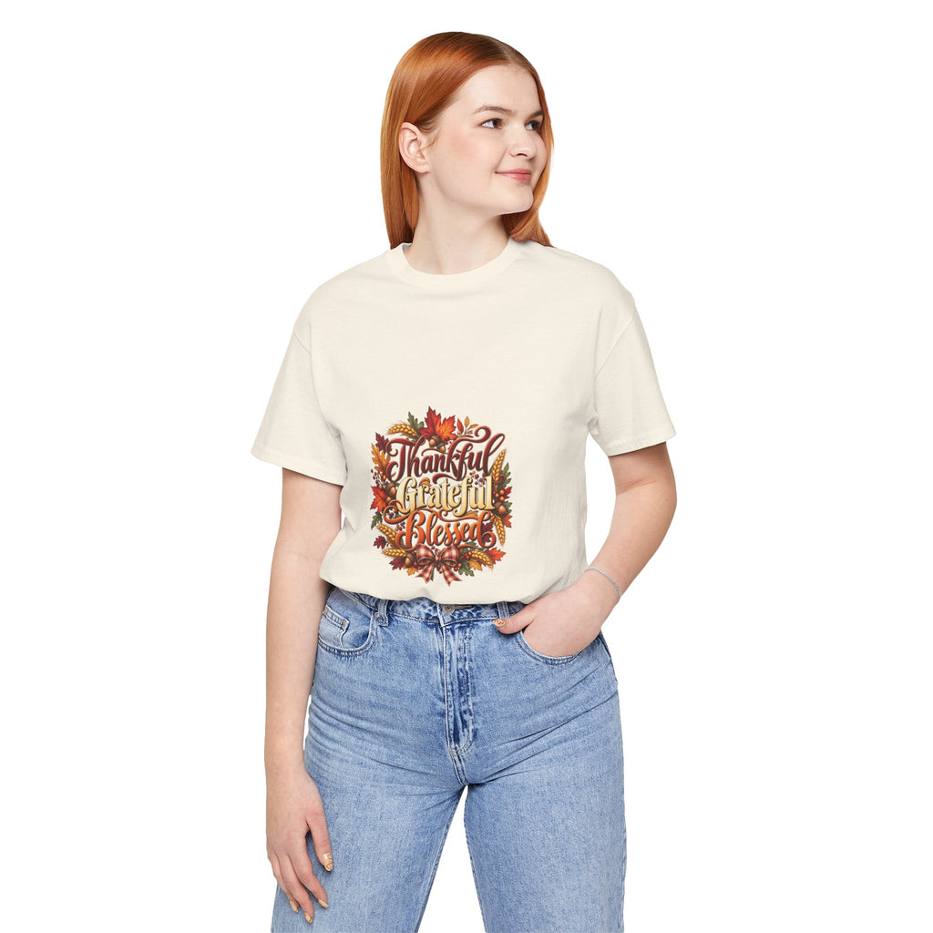 Thankful Grateful Blessed T-Shirt — Fall Leaves Thanksgiving Tee, Autumn Gratitude Shirt, Family Matching Outfit