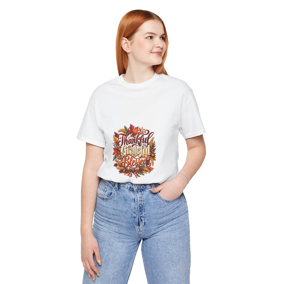 Thankful Grateful Blessed T-Shirt — Fall Leaves Thanksgiving Tee, Autumn Gratitude Shirt, Family Matching Outfit