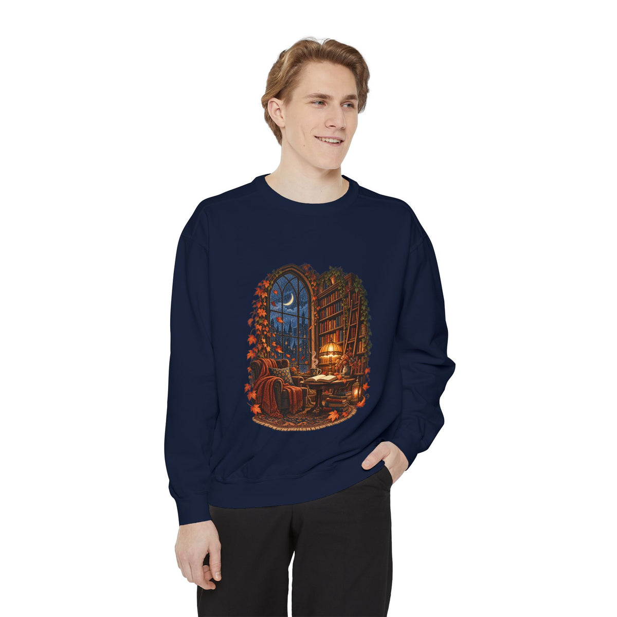 Cozy Nighttime Library Scene Sweatshirt | Reading Nook Illustration