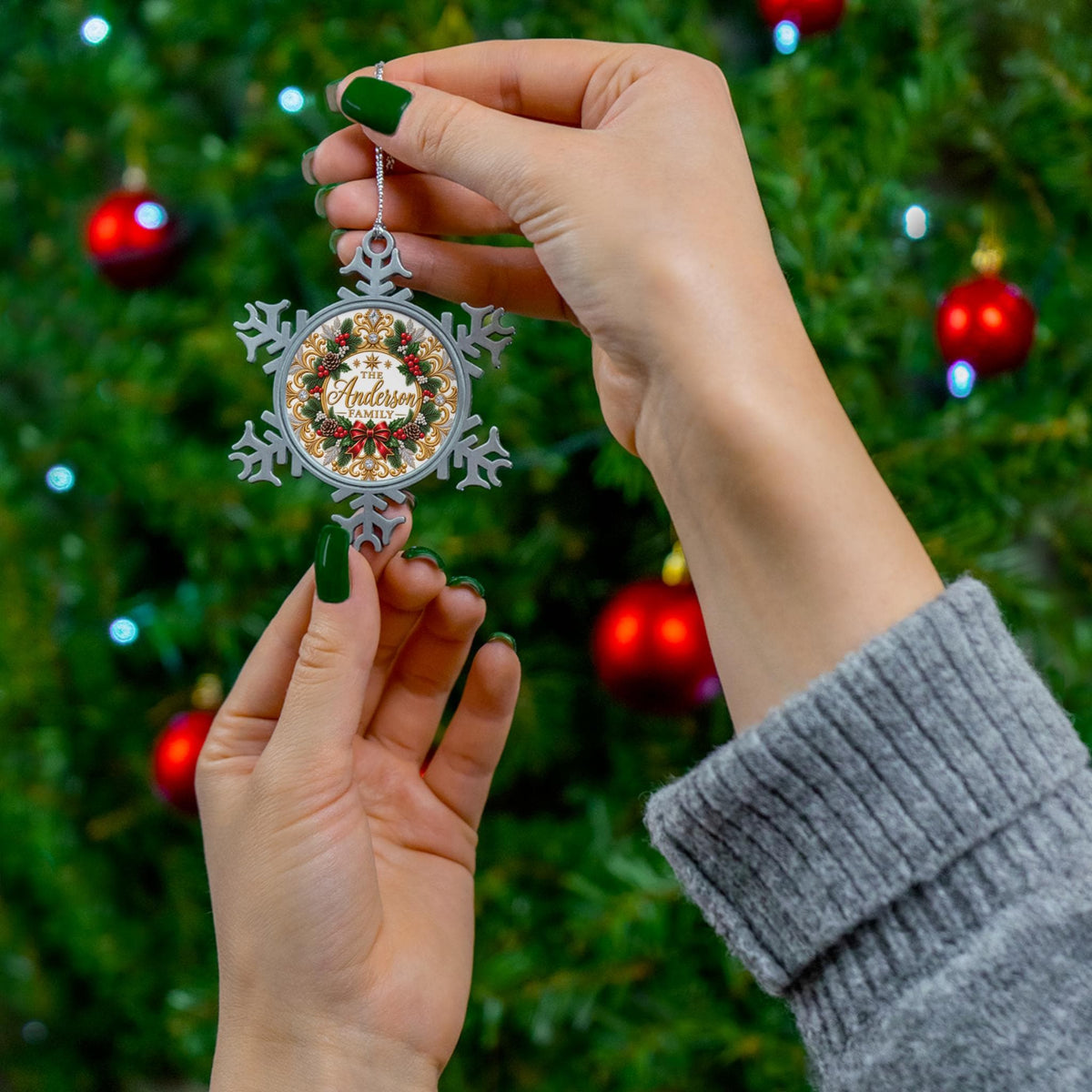 Wreath Family Name Snowflake Ornament | Pewter Holiday Decoration
