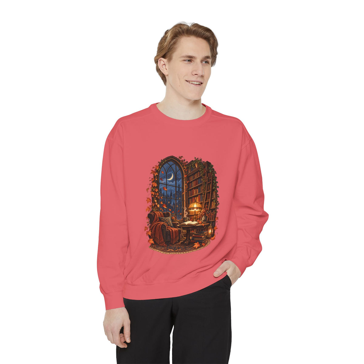 Cozy Nighttime Library Scene Sweatshirt | Reading Nook Illustration