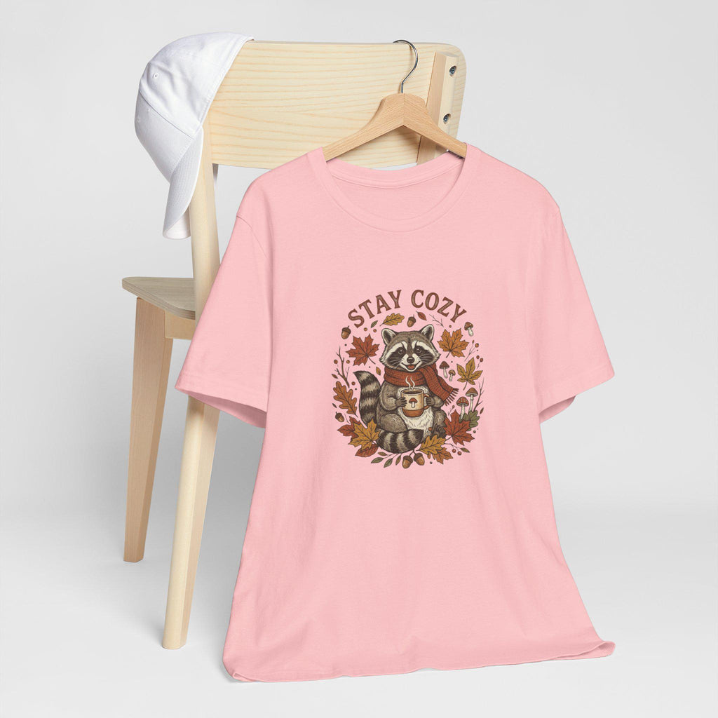Stay Cozy Raccoon with Coffee Tee | Autumn Leaves Fall Shirt