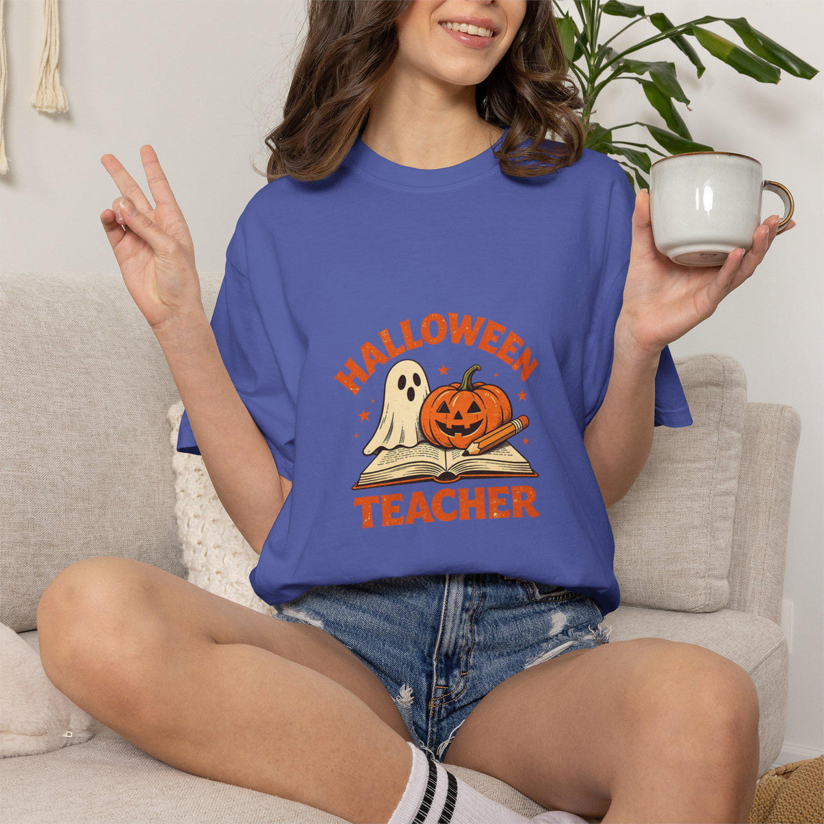 Halloween Teacher T-shirt | Ghost and Jack-o'-Lantern Book Illustration