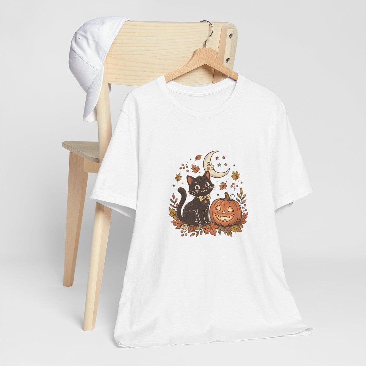 Black Cat with Jack-o'-Lantern T-Shirt | Halloween Pumpkin Moon Design