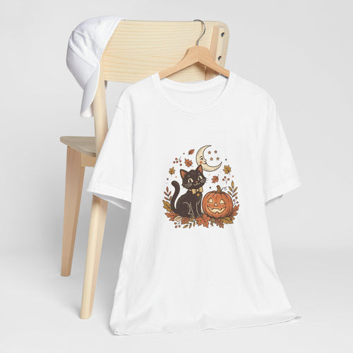 Black Cat with Jack-o'-Lantern T-Shirt | Halloween Pumpkin Moon Design