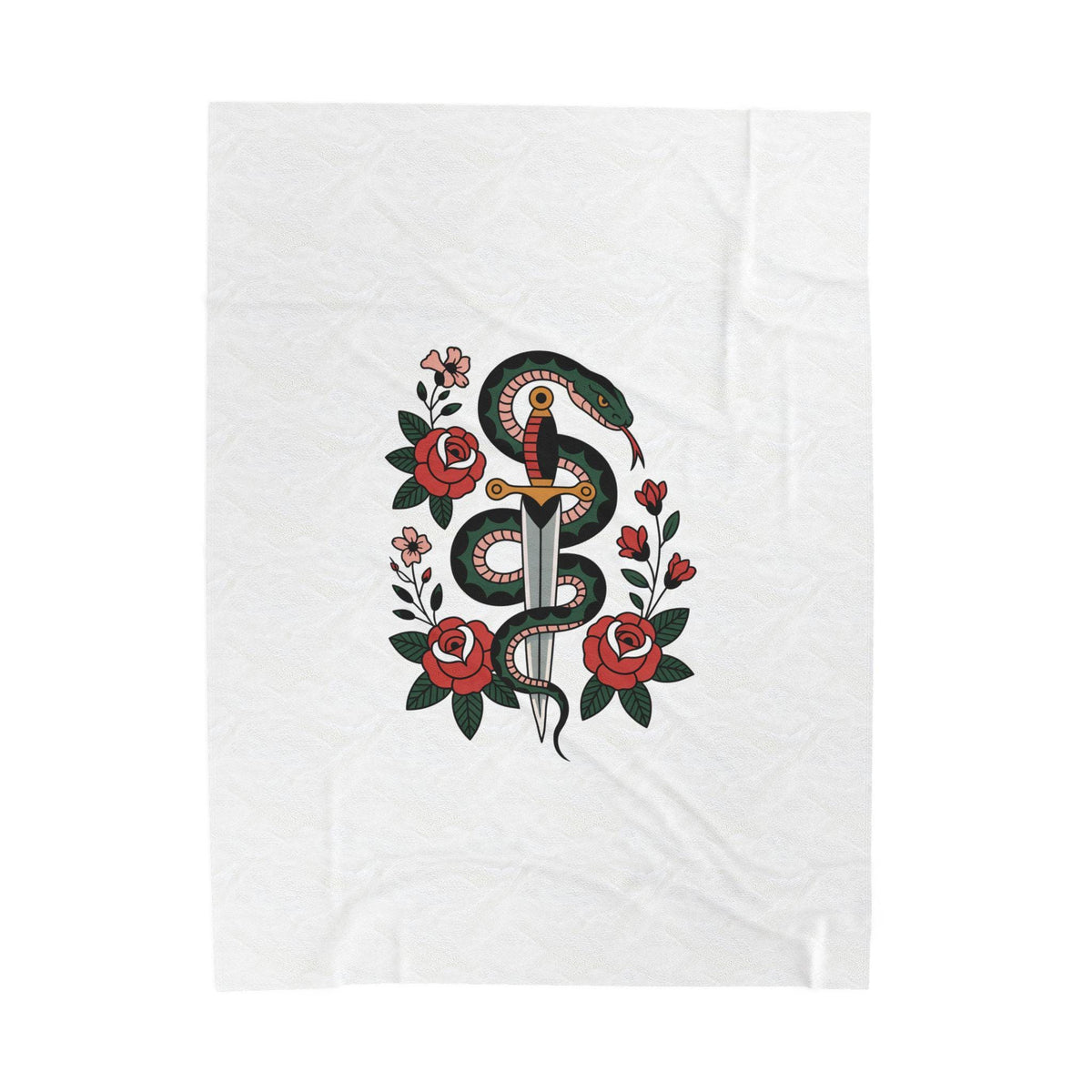 Snake and Dagger with Roses Velveteen Plush Blanket | Tattoo Style Floral Throw