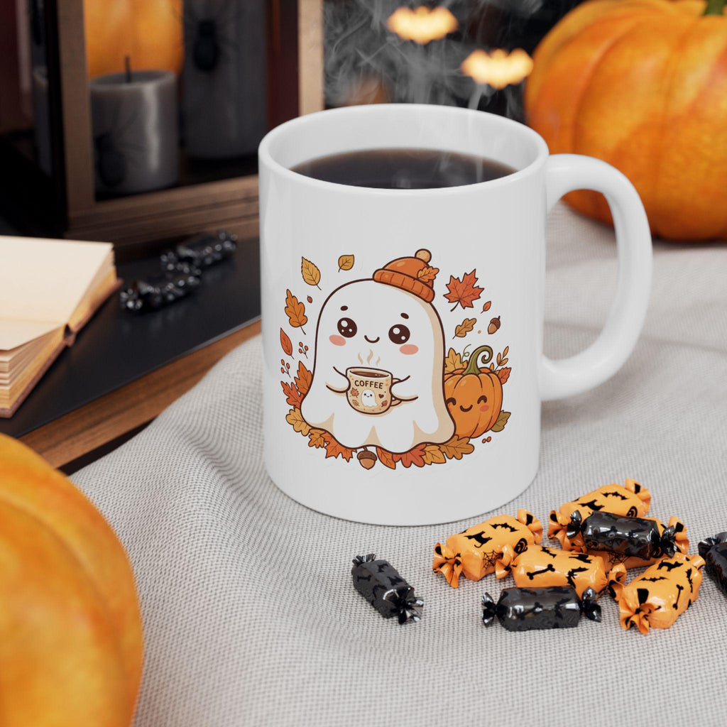 Cute Ghost Drinking Coffee Mug | Halloween Fall Coffee Cup