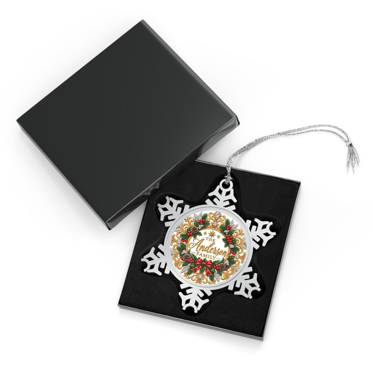 Wreath Family Name Snowflake Ornament | Pewter Holiday Decoration