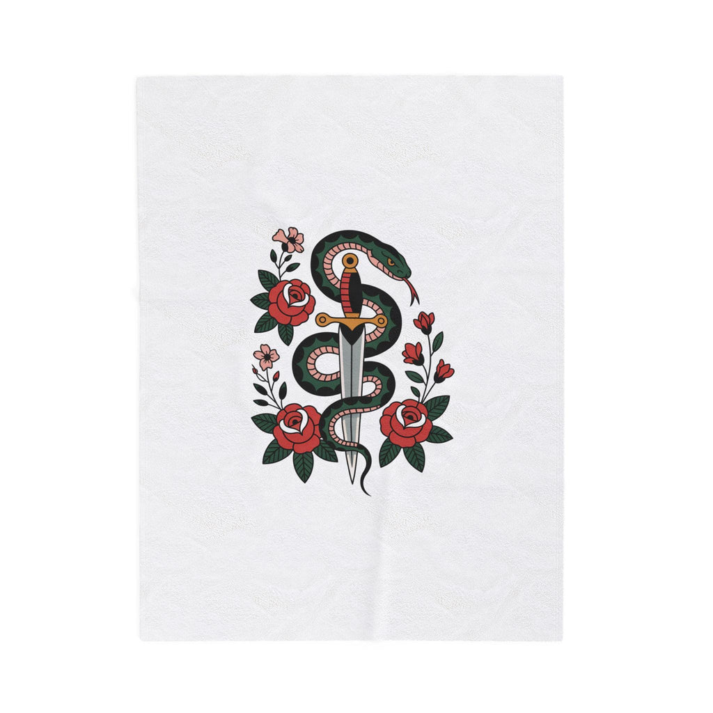 Snake and Dagger with Roses Velveteen Plush Blanket | Tattoo Style Floral Throw