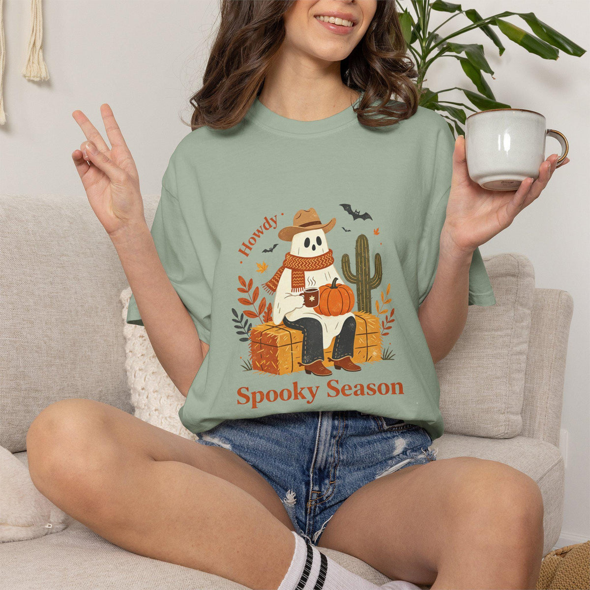 Howdy Spooky Season Ghost T-Shirt | Pumpkin Cactus Halloween Tee