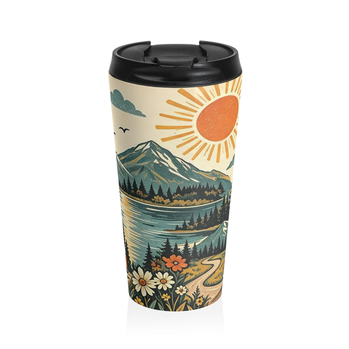 Retro Mountain Sun Van Travel Mug | Scenic Camping Landscape