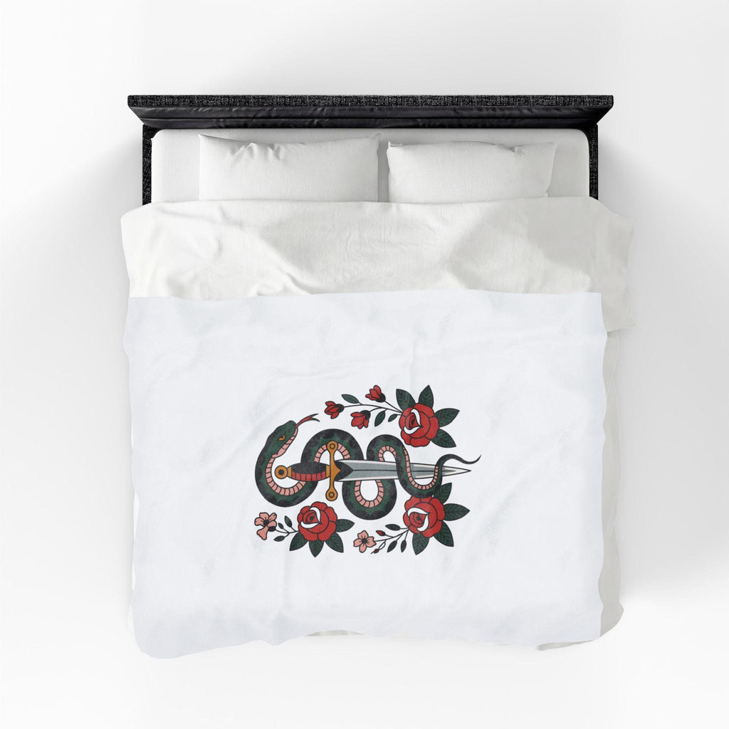 Snake and Dagger with Roses Velveteen Plush Blanket | Tattoo Style Floral Throw