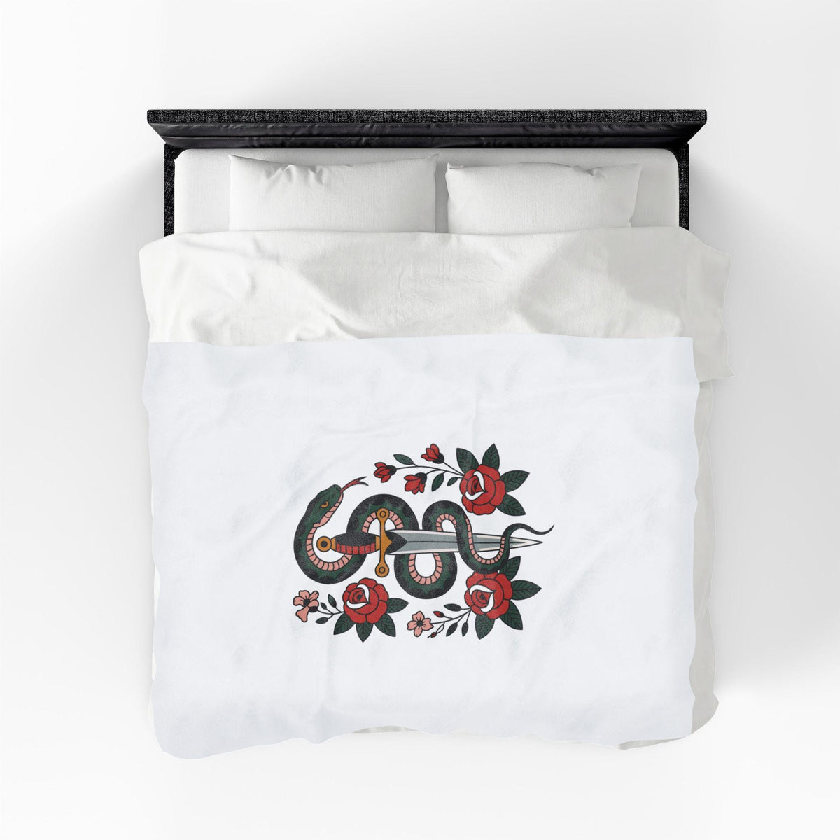 Snake and Dagger with Roses Velveteen Plush Blanket | Tattoo Style Floral Throw