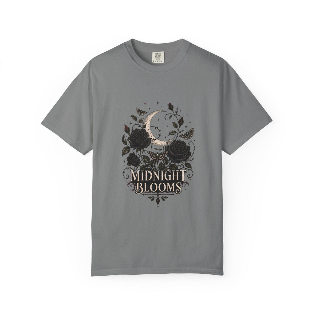 Midnight Blooms Moon Floral T-shirt | Gothic Rose Illustration