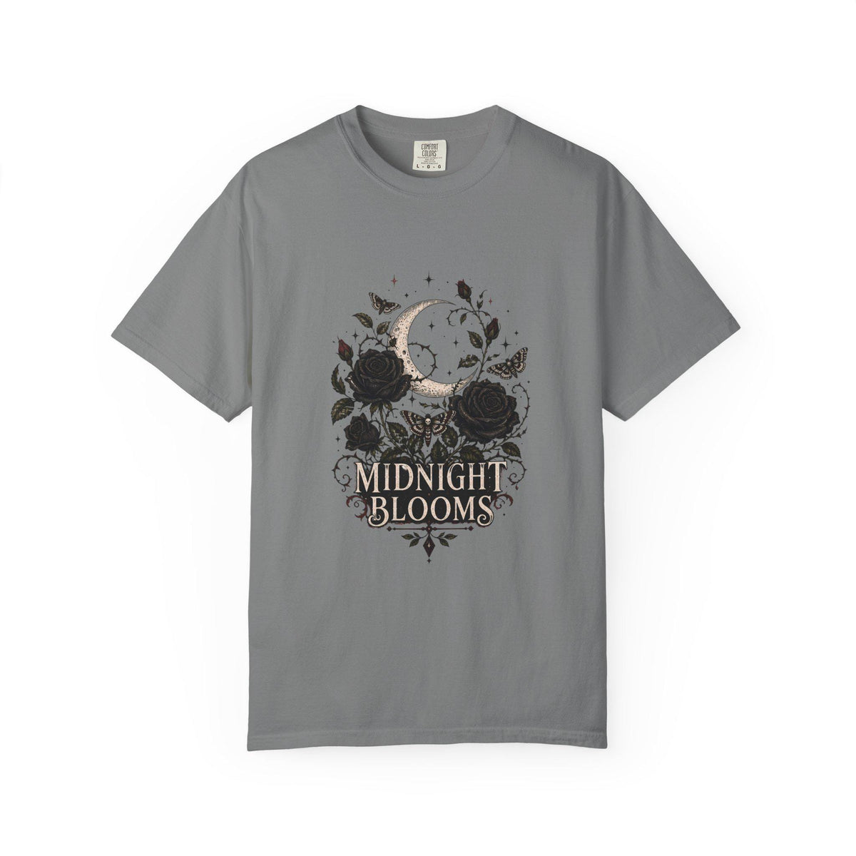 Midnight Blooms Moon Floral T-shirt | Gothic Rose Illustration