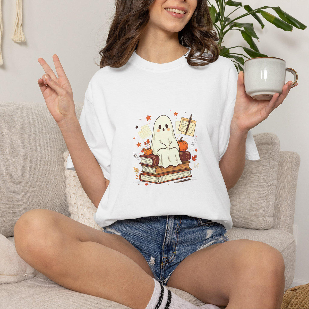 Cute Reading Ghost T-shirt | Ghost on Books, Autumn Leaves, Notebook