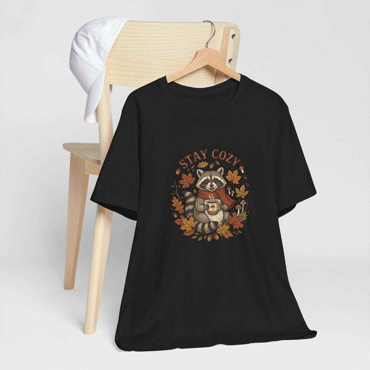 Stay Cozy Raccoon with Coffee Tee | Autumn Leaves Fall Shirt