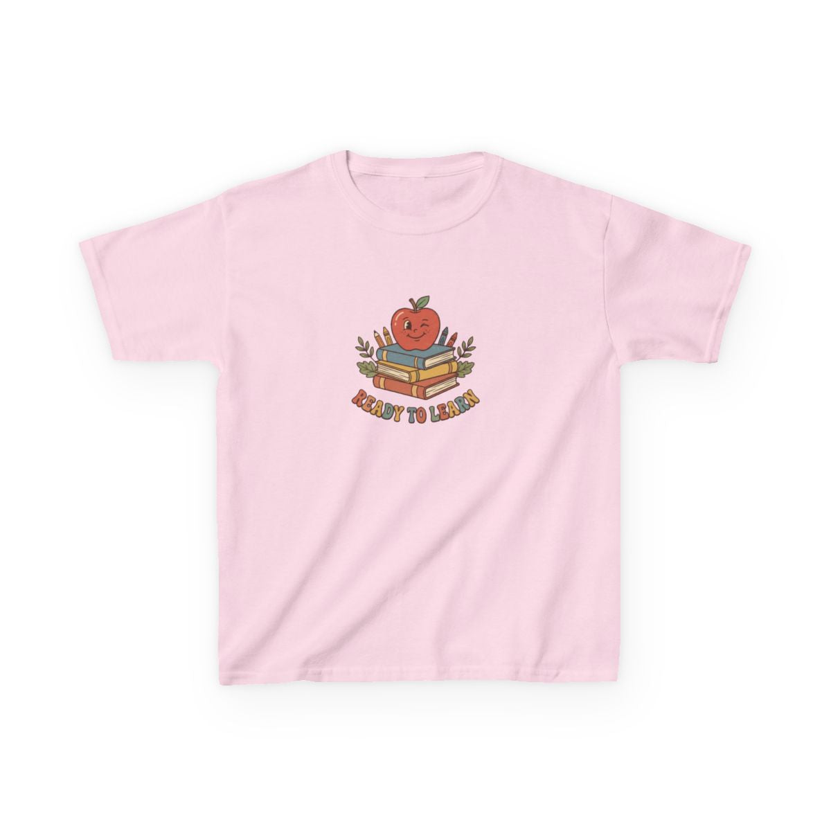 Apple on Books Kids T-Shirt | Back to School Cute Teacher Sh - Light Pink