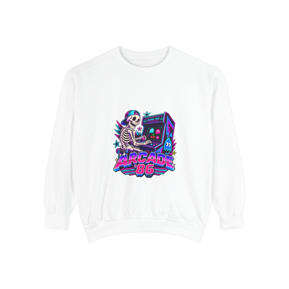 Arcade 86 Skeleton with Arcade Machine Sweatshirt | Retro Neon Gaming