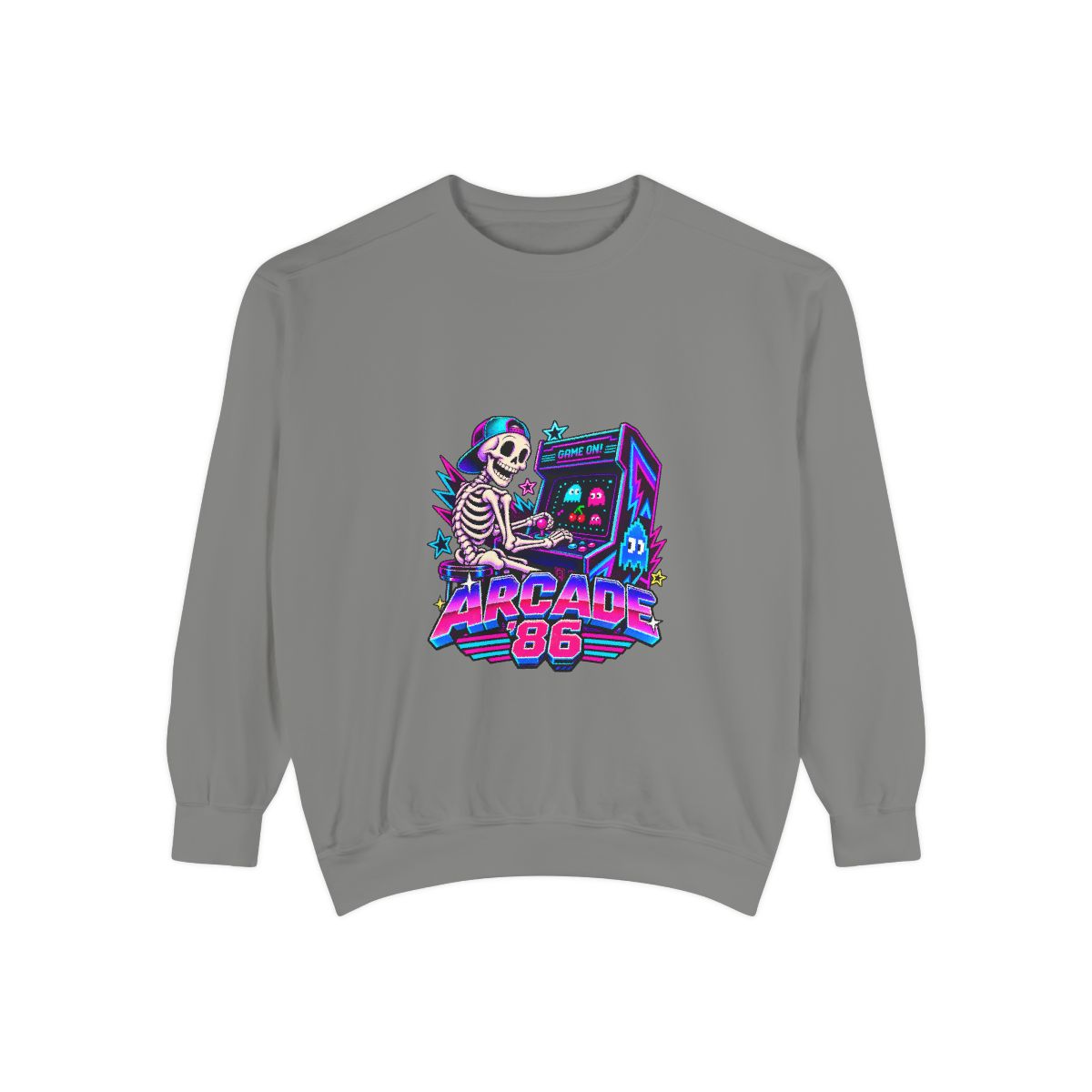 Arcade 86 Skeleton with Arcade Machine Sweatshirt | Retro Neon Gaming