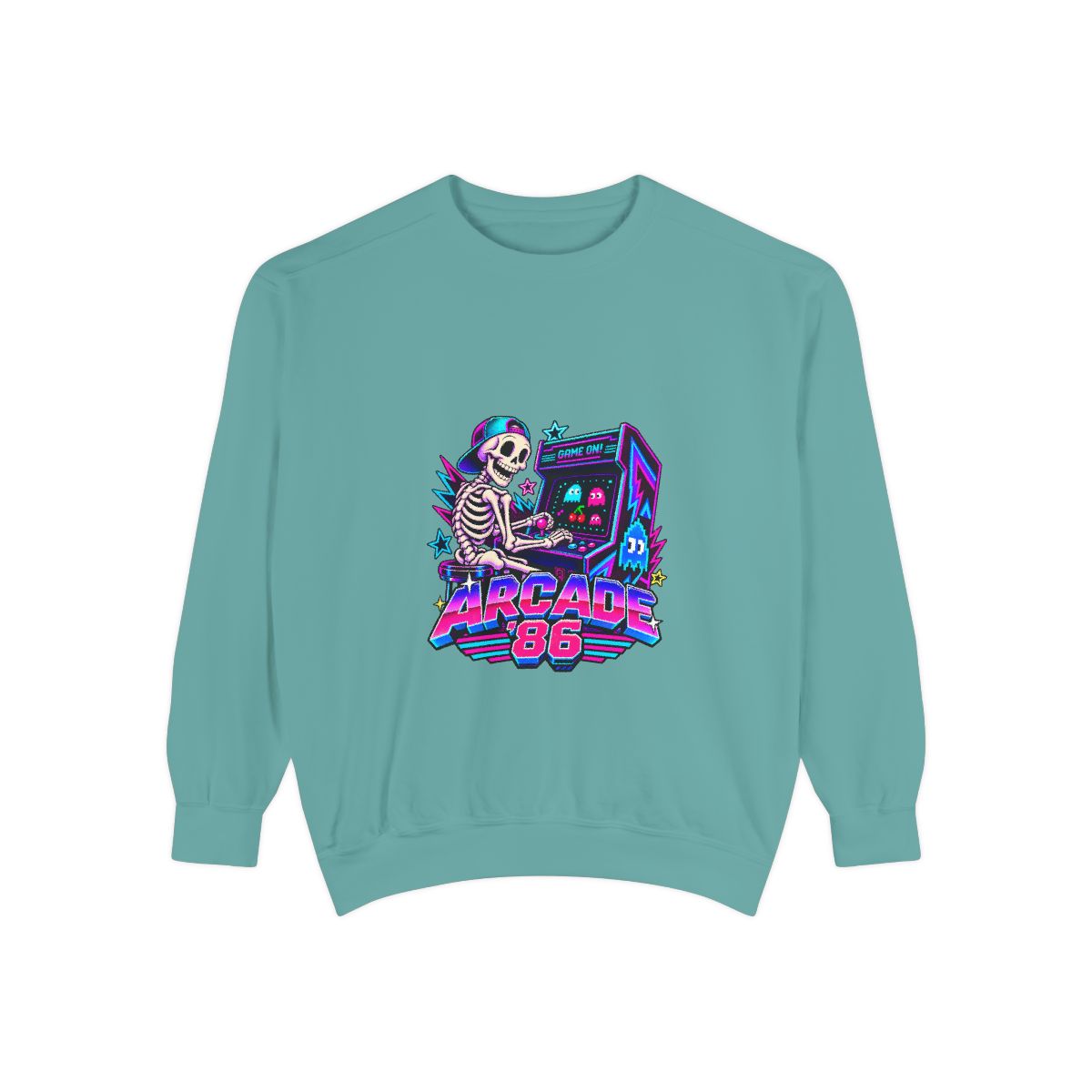 Arcade 86 Skeleton with Arcade Machine Sweatshirt | Retro Ne - Seafoam