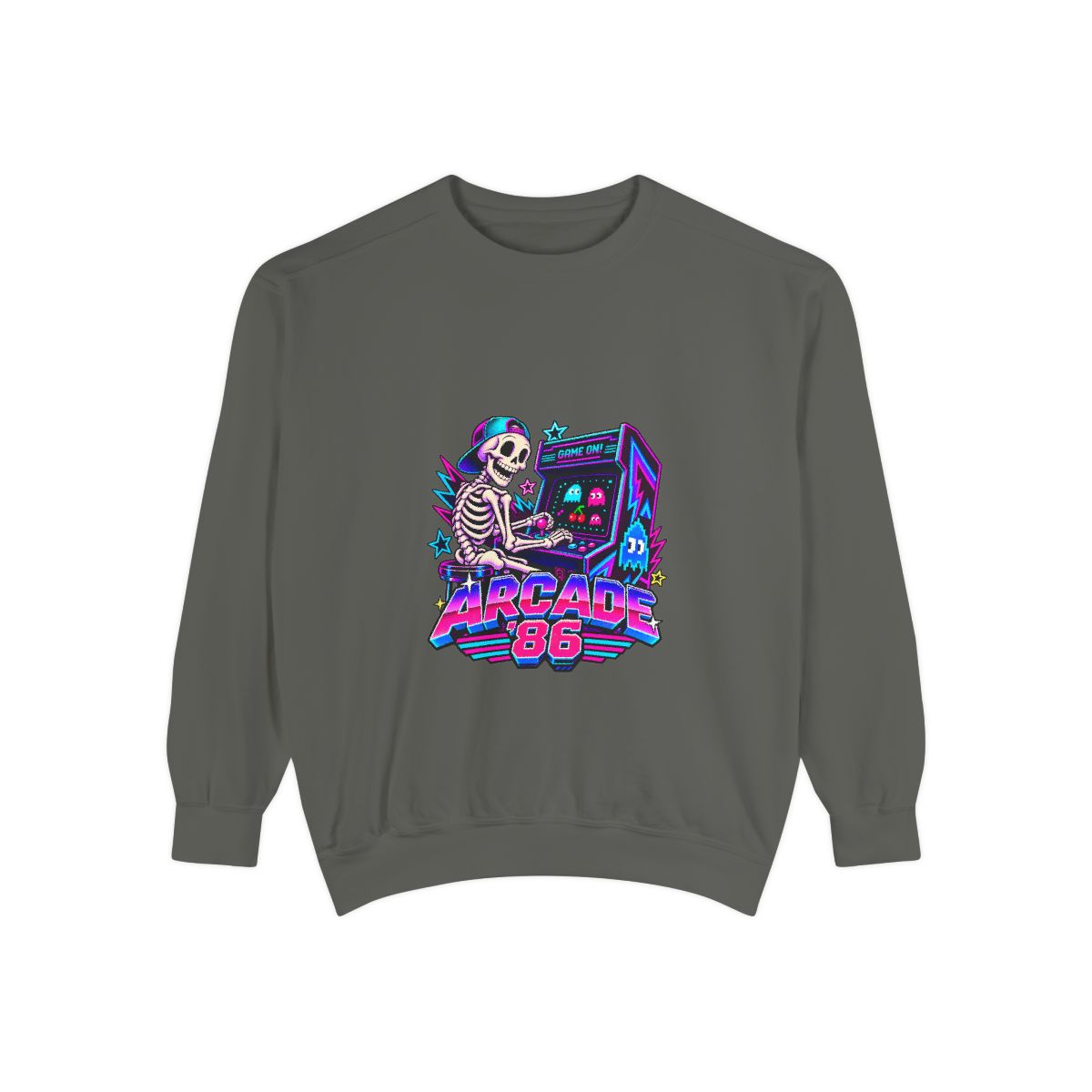 Arcade 86 Skeleton with Arcade Machine Sweatshirt | Retro Neon Gaming