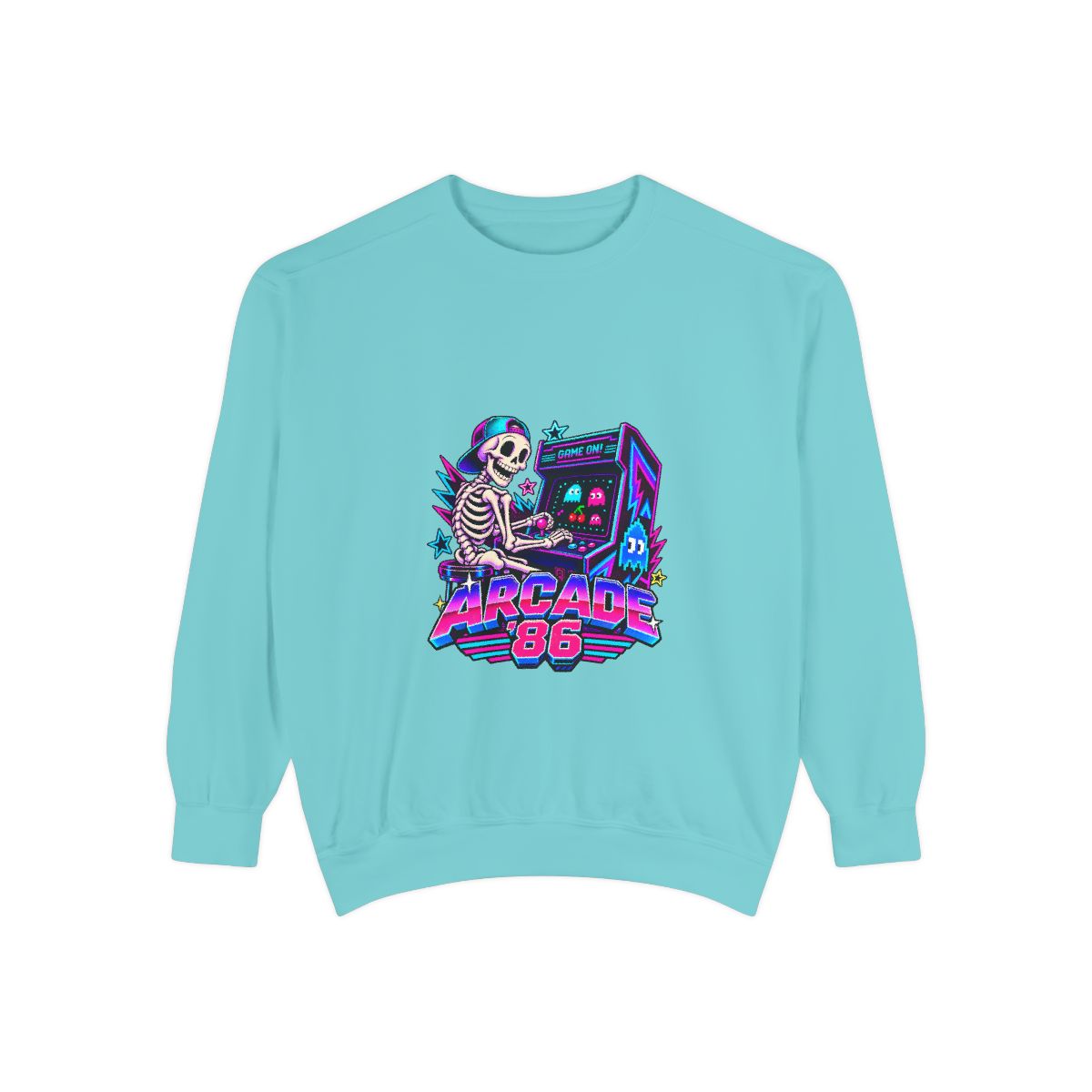 Arcade 86 Skeleton with Arcade Machine Sweatshirt | Retro Neon Gaming