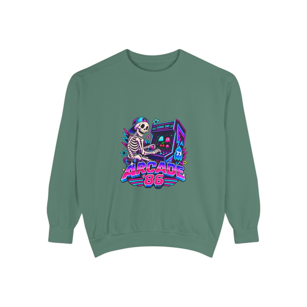 Arcade 86 Skeleton with Arcade Machine Sweatshirt | Retro Ne - Light Green