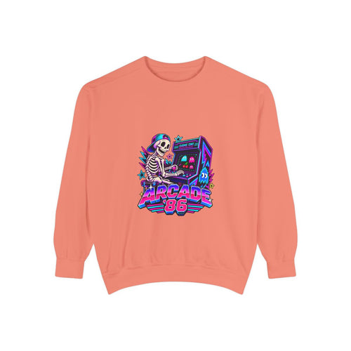 Arcade 86 Skeleton with Arcade Machine Sweatshirt | Retro Neon Gaming