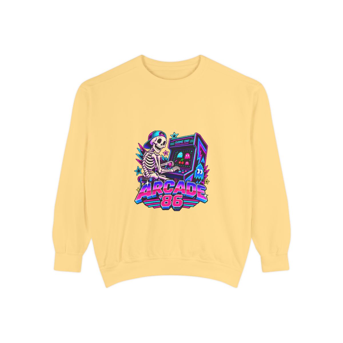 Arcade 86 Skeleton with Arcade Machine Sweatshirt | Retro Ne - Butter