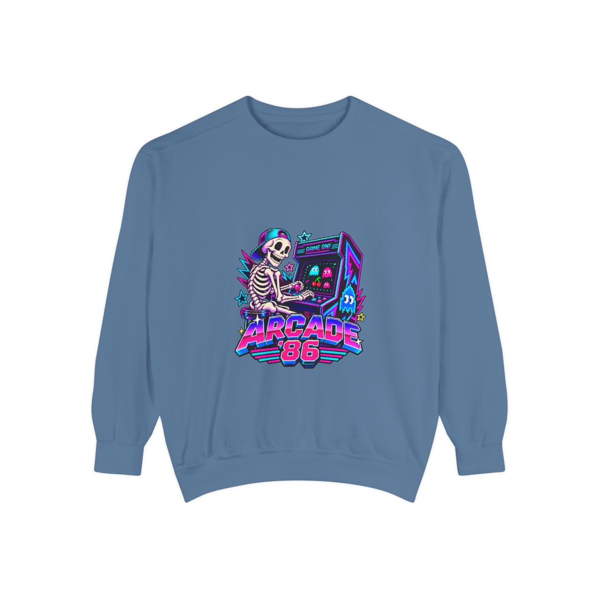 Arcade 86 Skeleton with Arcade Machine Sweatshirt | Retro Ne - Blue Jean