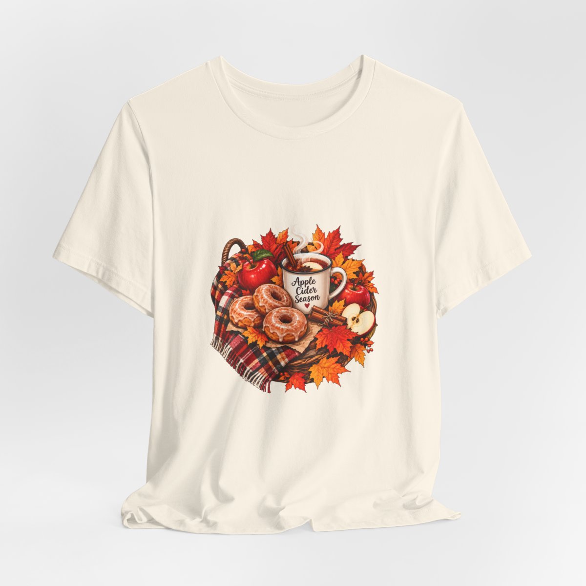 Autumn Apple Cider Mug T-Shirt | Fall Leaves, Donuts, Cozy Plaid