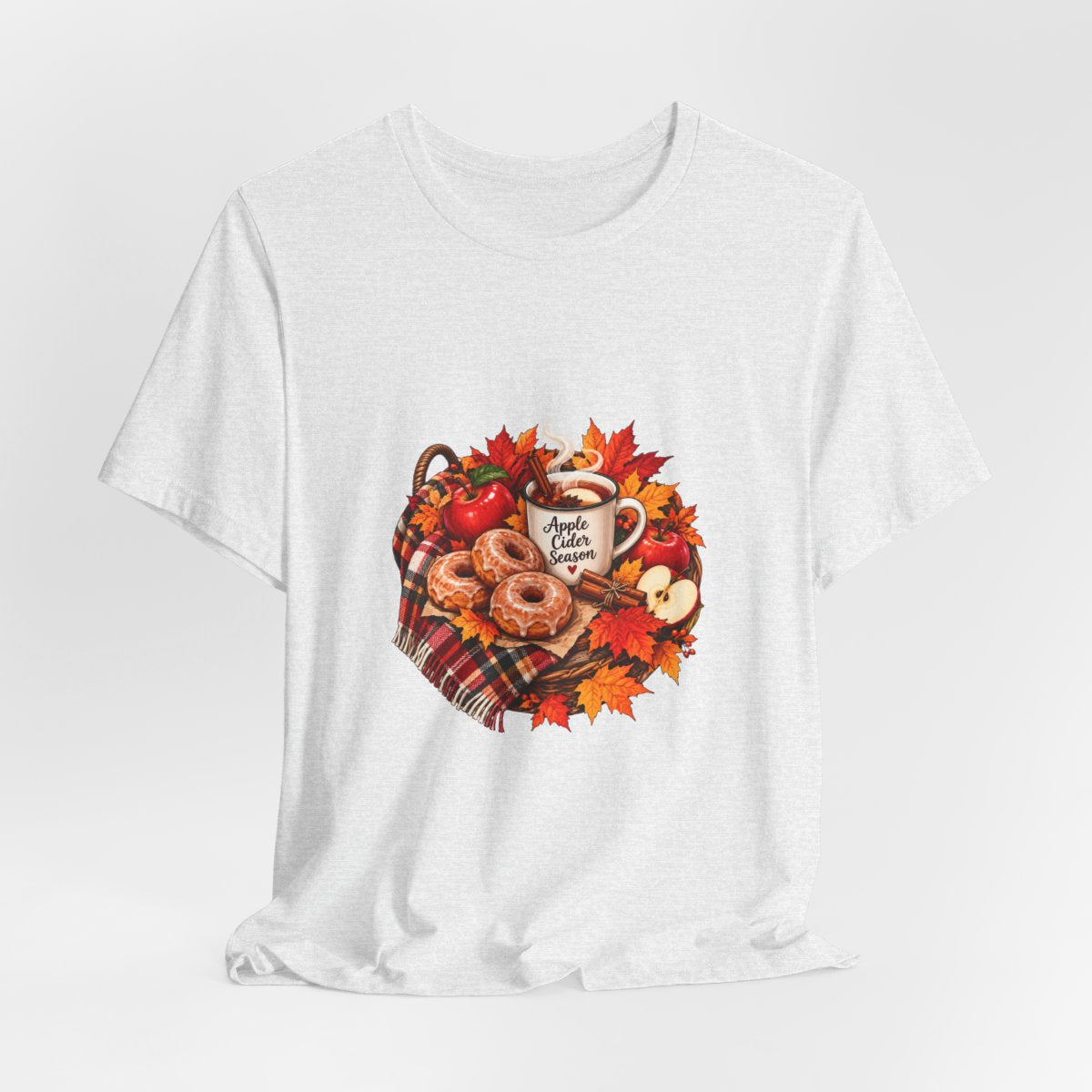 Autumn Apple Cider Mug T-Shirt | Fall Leaves, Donuts, Cozy Plaid