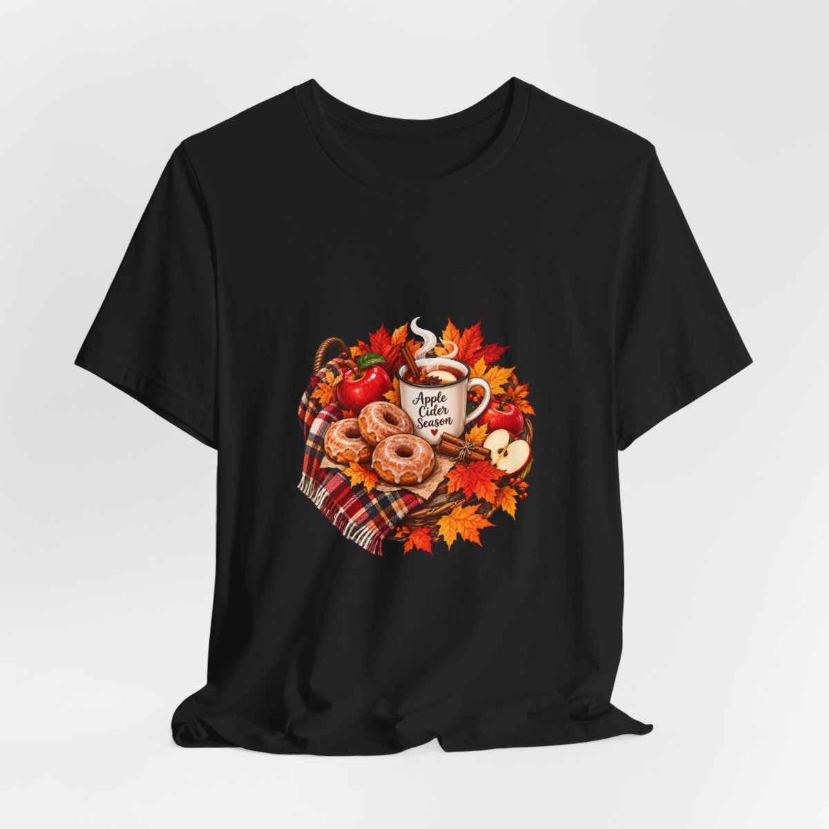 Autumn Apple Cider Mug T-Shirt | Fall Leaves, Donuts, Cozy Plaid