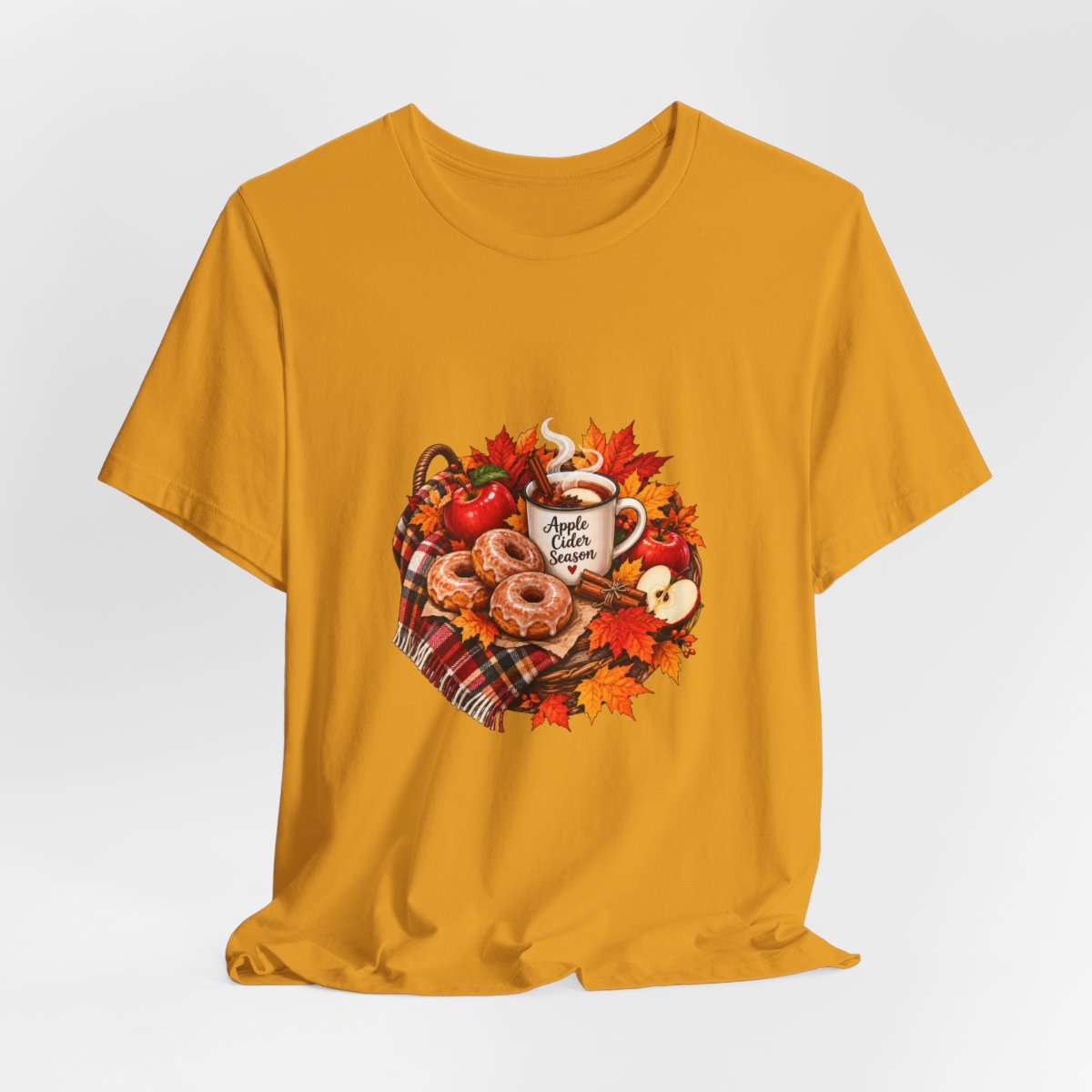 Autumn Apple Cider Mug T-Shirt | Fall Leaves, Donuts, Cozy Plaid