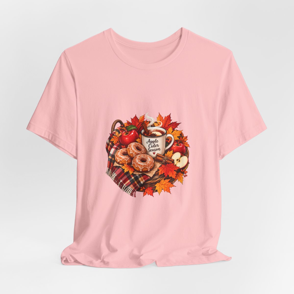 Autumn Apple Cider T-Shirt | Fall Leaves, Donuts, Cozy Plaid - Pink