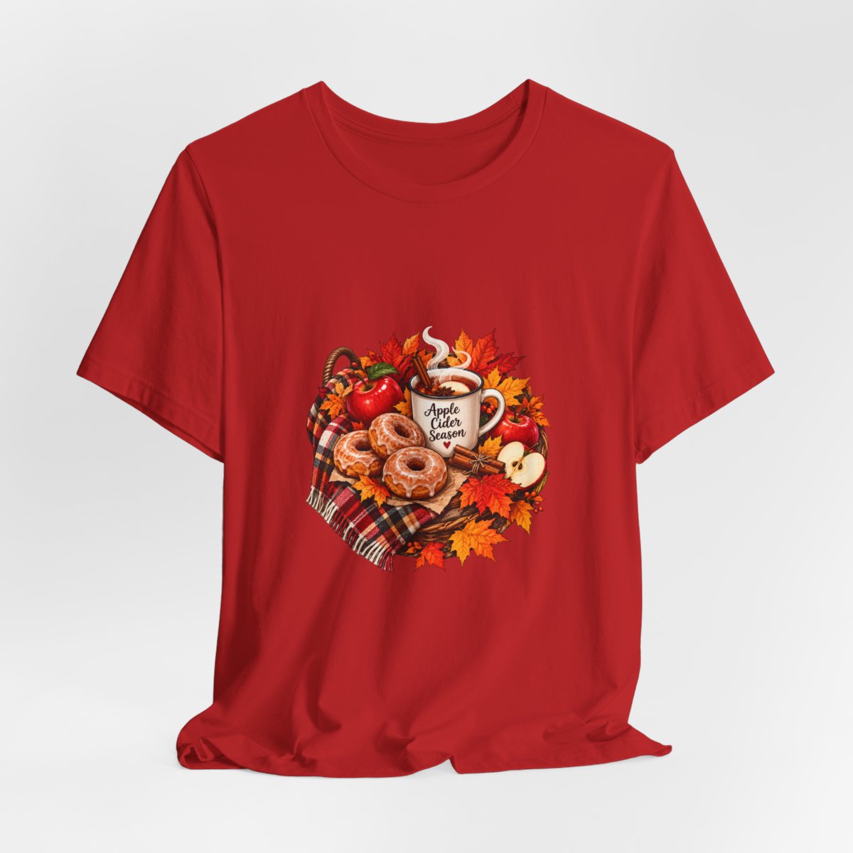 Autumn Apple Cider T-Shirt | Fall Leaves, Donuts, Cozy Plaid - Red